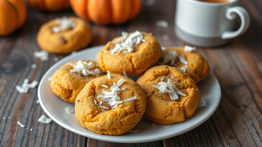 Soft Pumpkin Coconut Cookies Recipe A plate of soft pumpkin coconut cookies with shredded coconut, accompanied by a cup of tea on a rustic table.